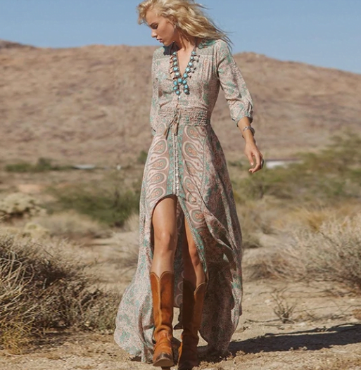 boho dress & cowboy knee-high boot