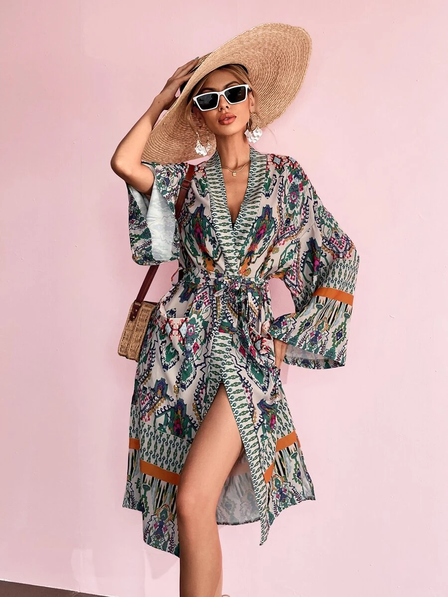 SHEIN Allover Print Belted Kimono