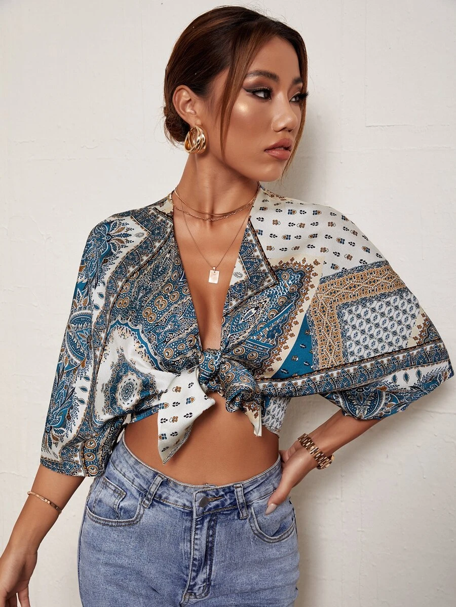 SHEIN Scarf Print Tie Front Crop Top