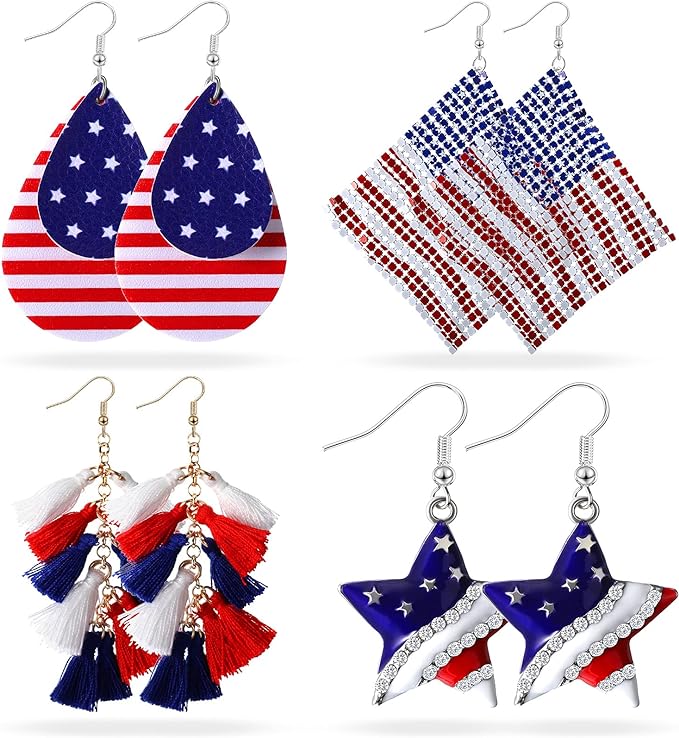 4 Pairs American Flag Drop Dangle Earrings Independence Day Patriotic Earrings 4th of July Pendant Earrings Teardrop Tassel Rhinestone Earrings from Amazon