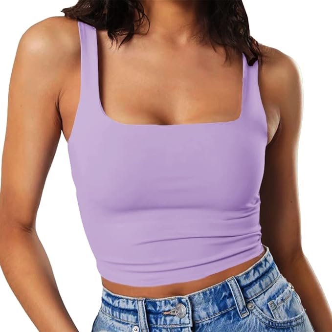 Artfish Purple Women's Sleeveless Strappy Tank Square Neck Double Layer Workout Fitness Casual Basic Crop Tops from Amazon