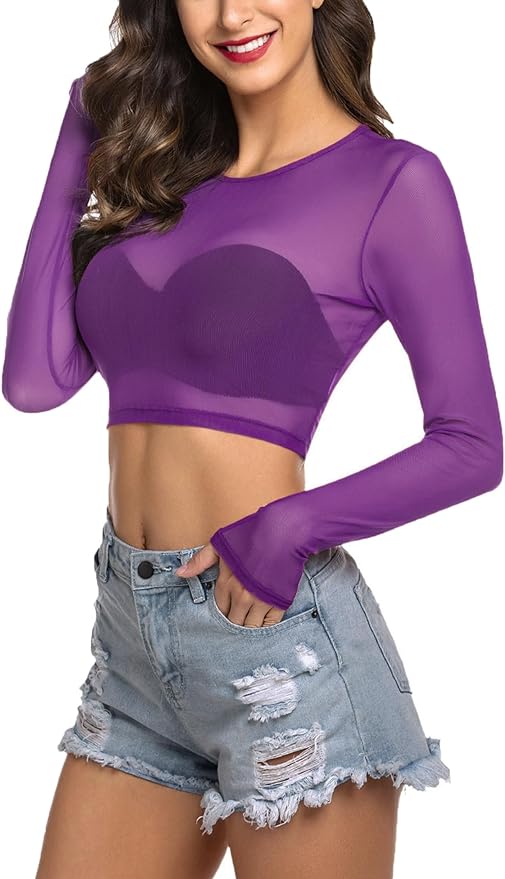 Avidlove Purple Women Mesh Crop Top Long Sleeve See Through Shirt Sheer Blouse O Neck Clubwear S-4XL from Amazon