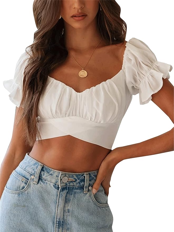 LYANER White Women's Ruffle Short Sleeve Tie Up Back Crop Top Off Shoulder Bardot Blouse from Amazon