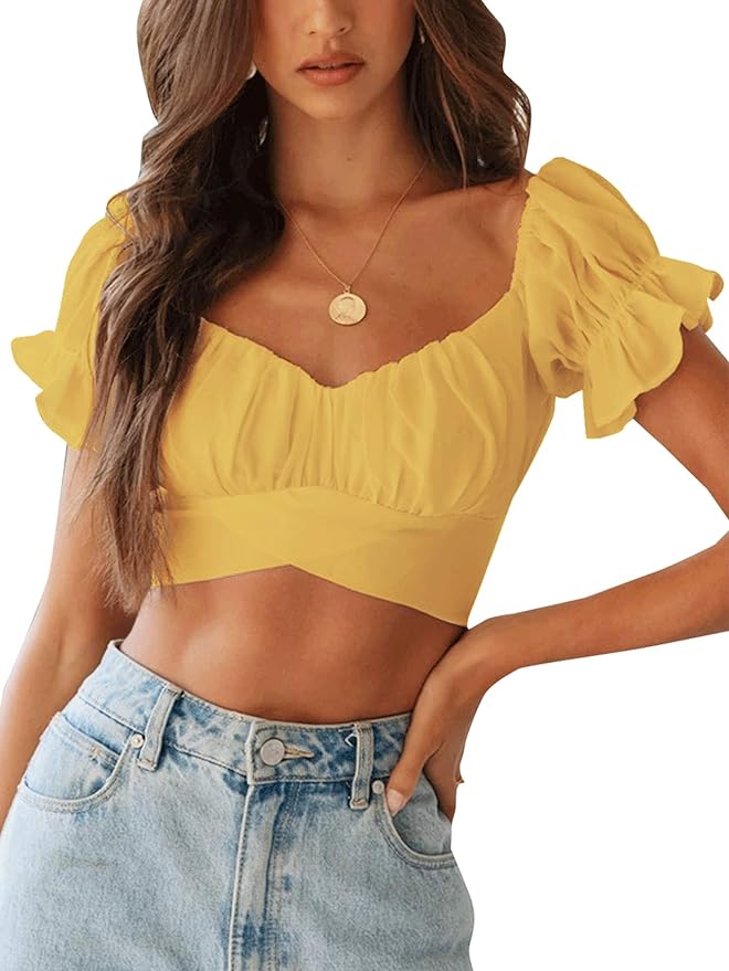 LYANER Yellow Women's Ruffle Short Sleeve Tie Up Back Crop Top Off Shoulder Bardot Blouse from Amazon