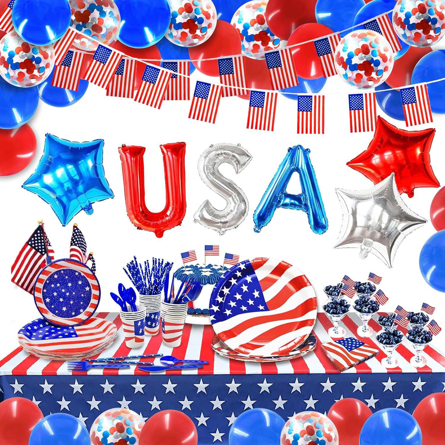 Labor Day Decorations, 4th of July Party decorations, Tableware for 25 Guests, Patriotic Party Decorations, Independence Day Decoration Supplies, USA Balloons, Tablecloth, Flag from Amazon