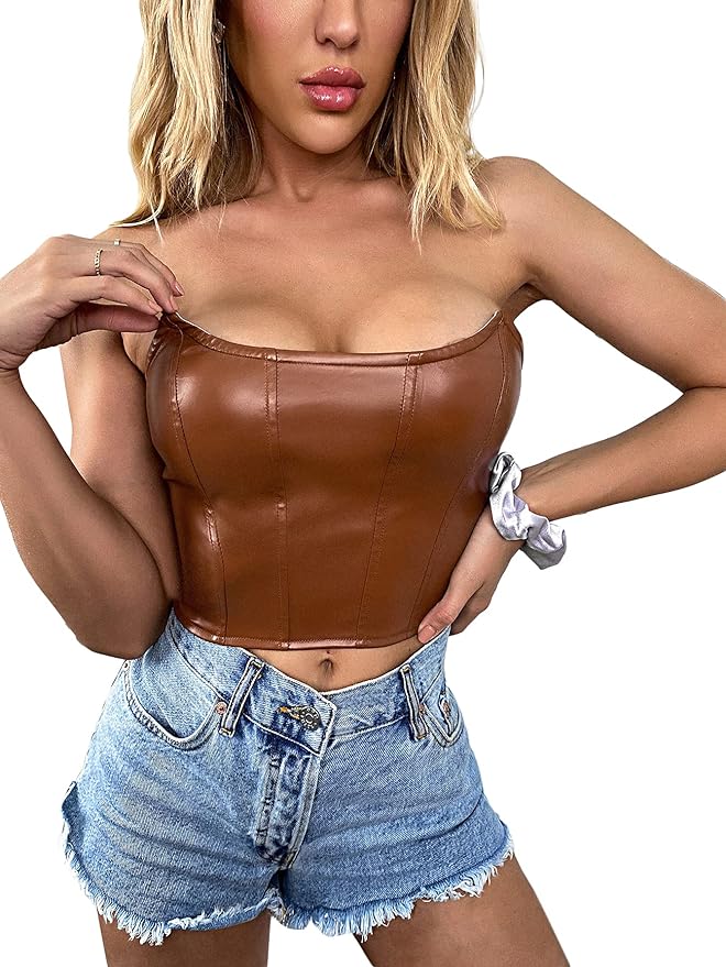 Milumia BrownWomen PU Faux Leather Tube Top Strapless Sleeveless Zip Back Crop Top from Amazon