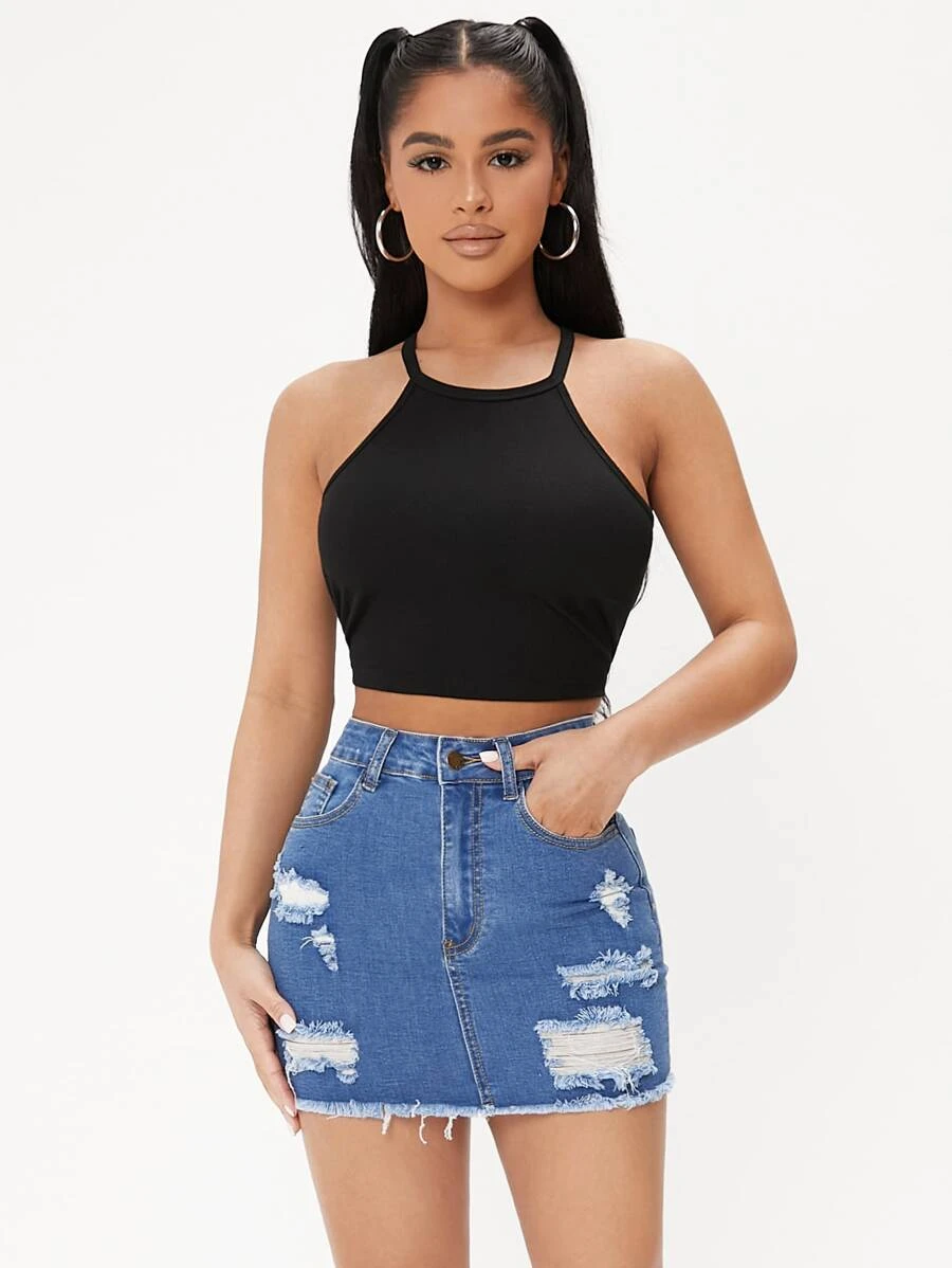 SHEIN PETITE Ripped Raw Hem Denim Skirt