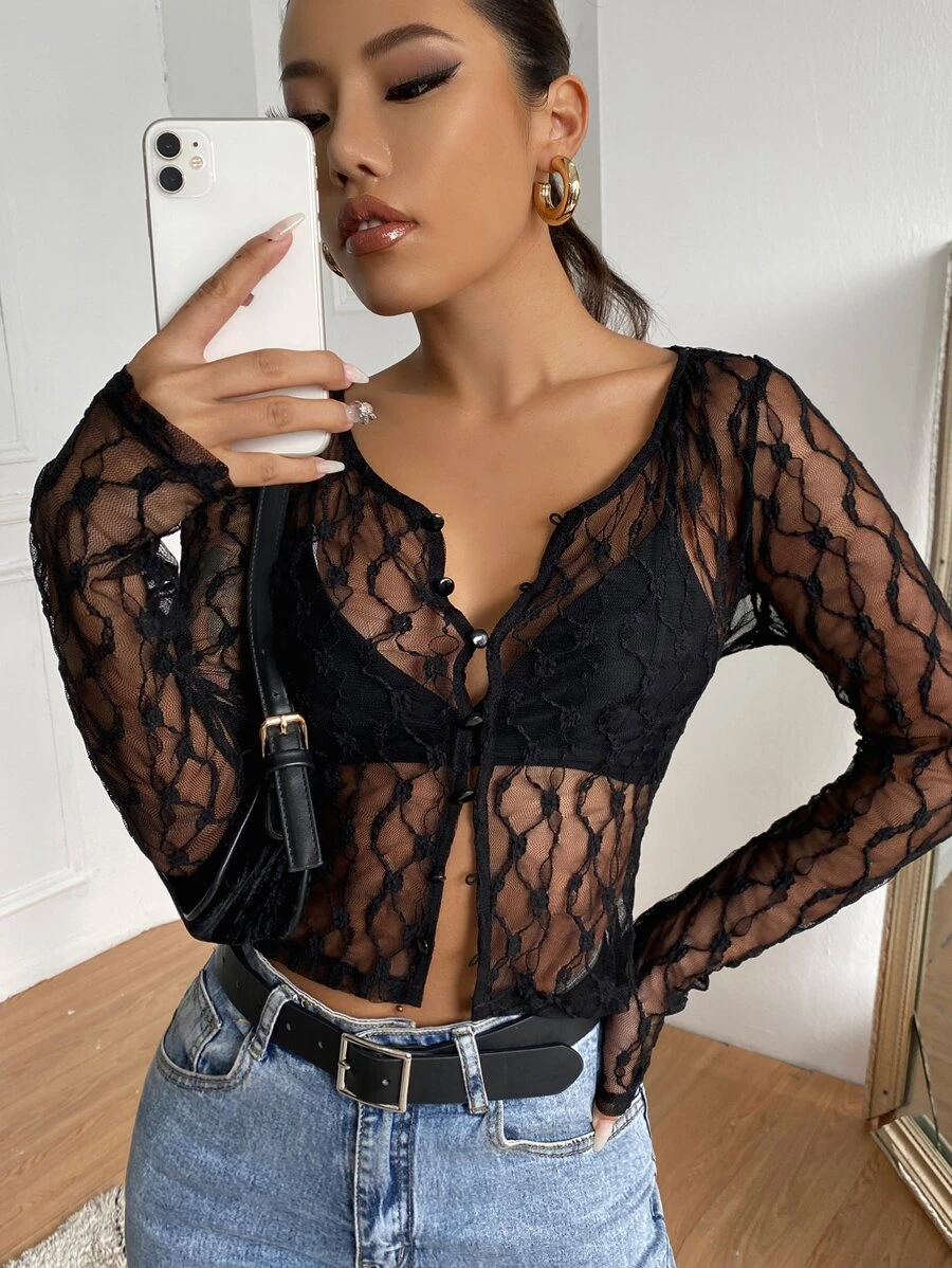 Shein Button Up Sheer Lace Top Without Bra