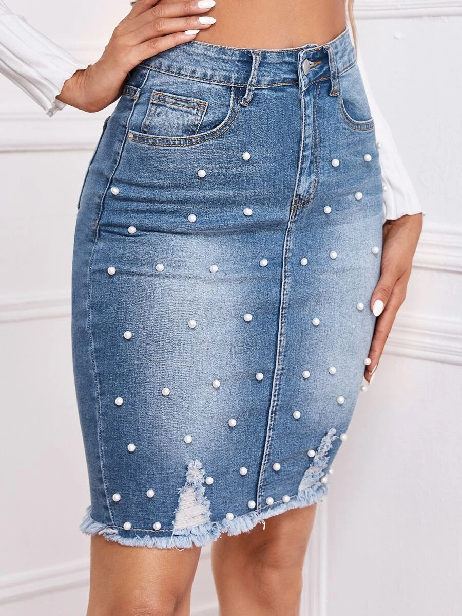 Shein Pearl Beading Raw Hem Bleached Denim Skirt