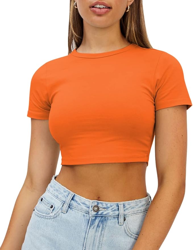 WYNNQUE Orange Womens Crop Tops Cute Summer Scoop Neck Basic Tees Slim Fit Trendy Short Sleeve T Shirts for Teen Girls 2024 from Amazon