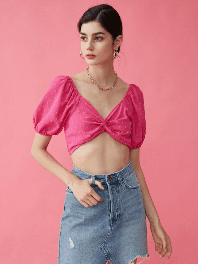 Newchic Solid Back Smocked Puff Sleeve V-neck Twisted Crop Top