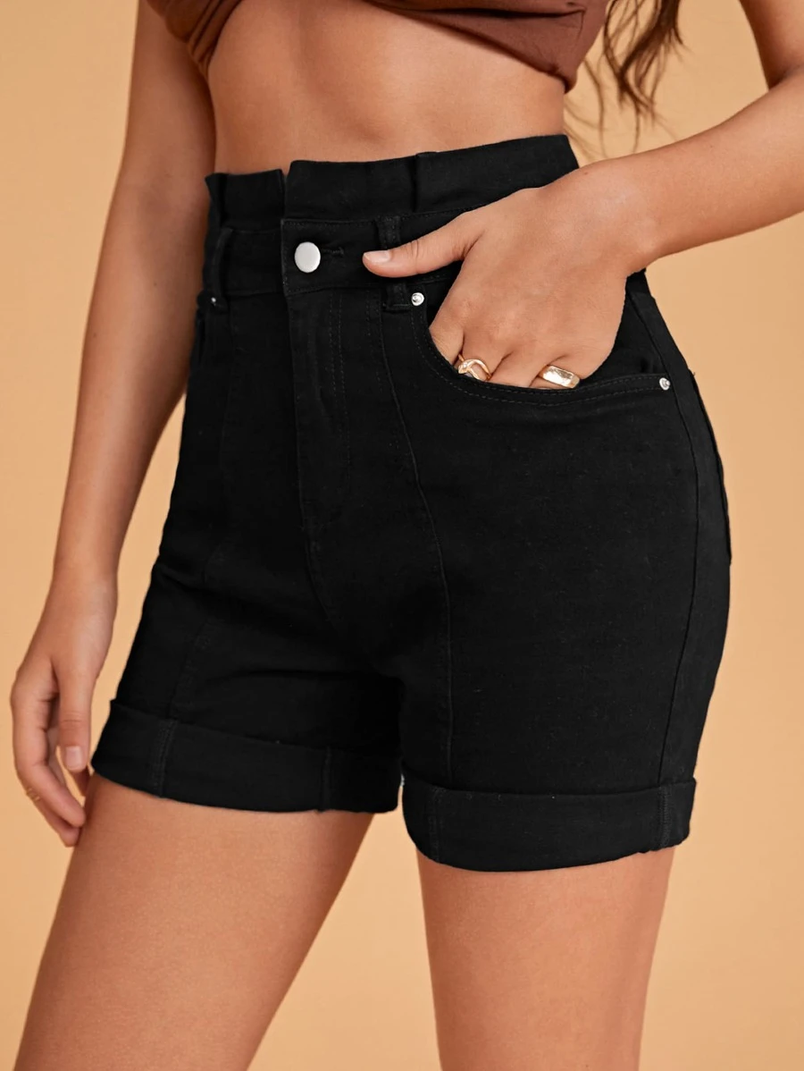 SHEIN Paperbag Waist Roll Hem Slant Pocket Denim Shorts