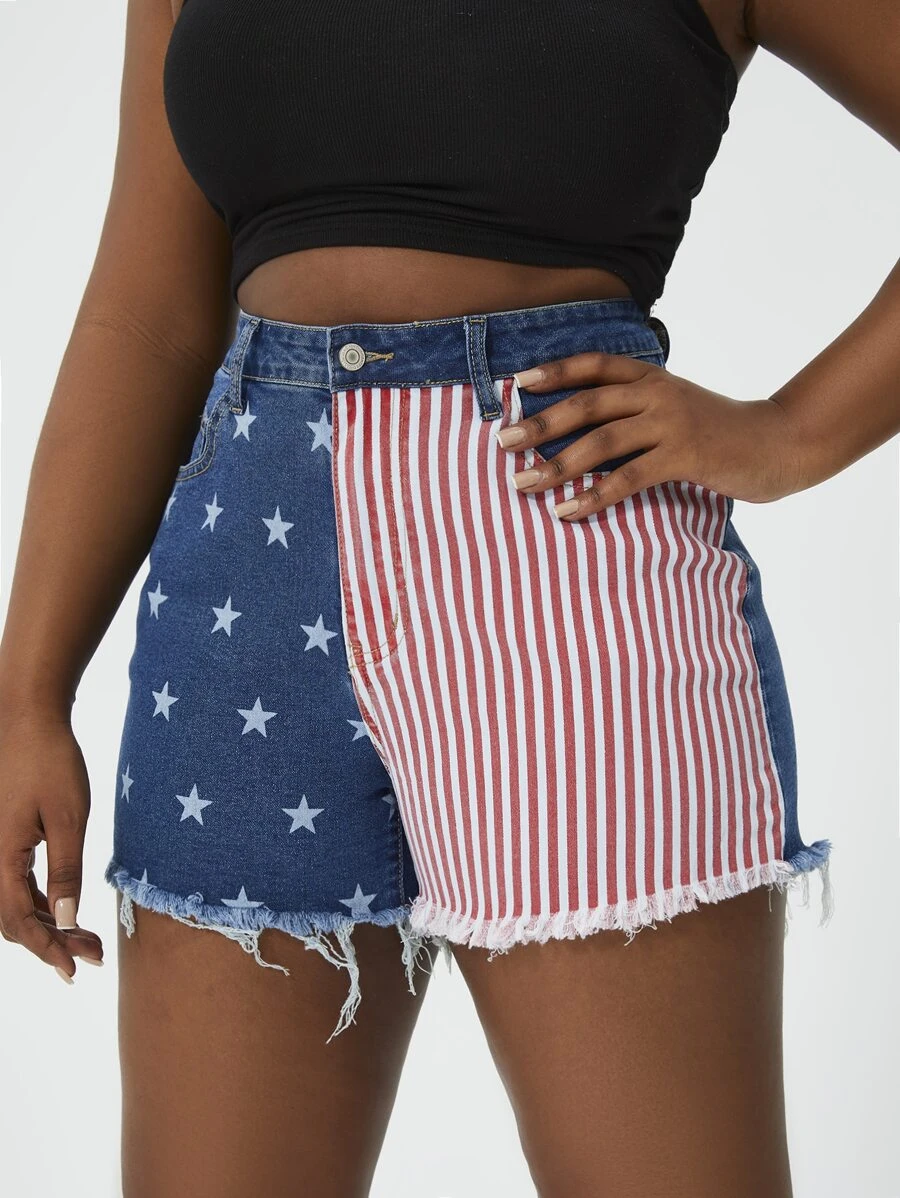 SHEIN SXY Plus American Flag Print Raw Cut Denim Shorts
