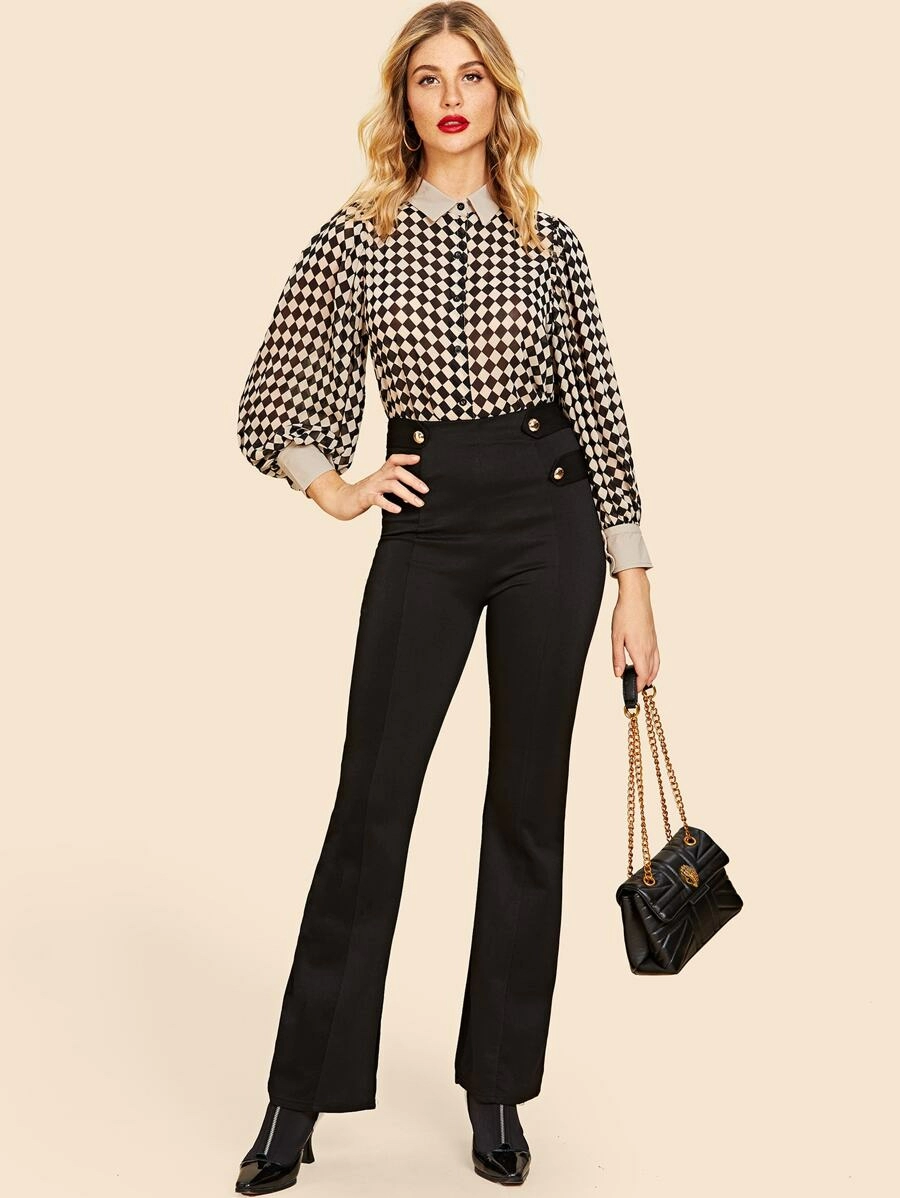 Shein 70s Bishop Sleeve Checkerboard Blouse-2