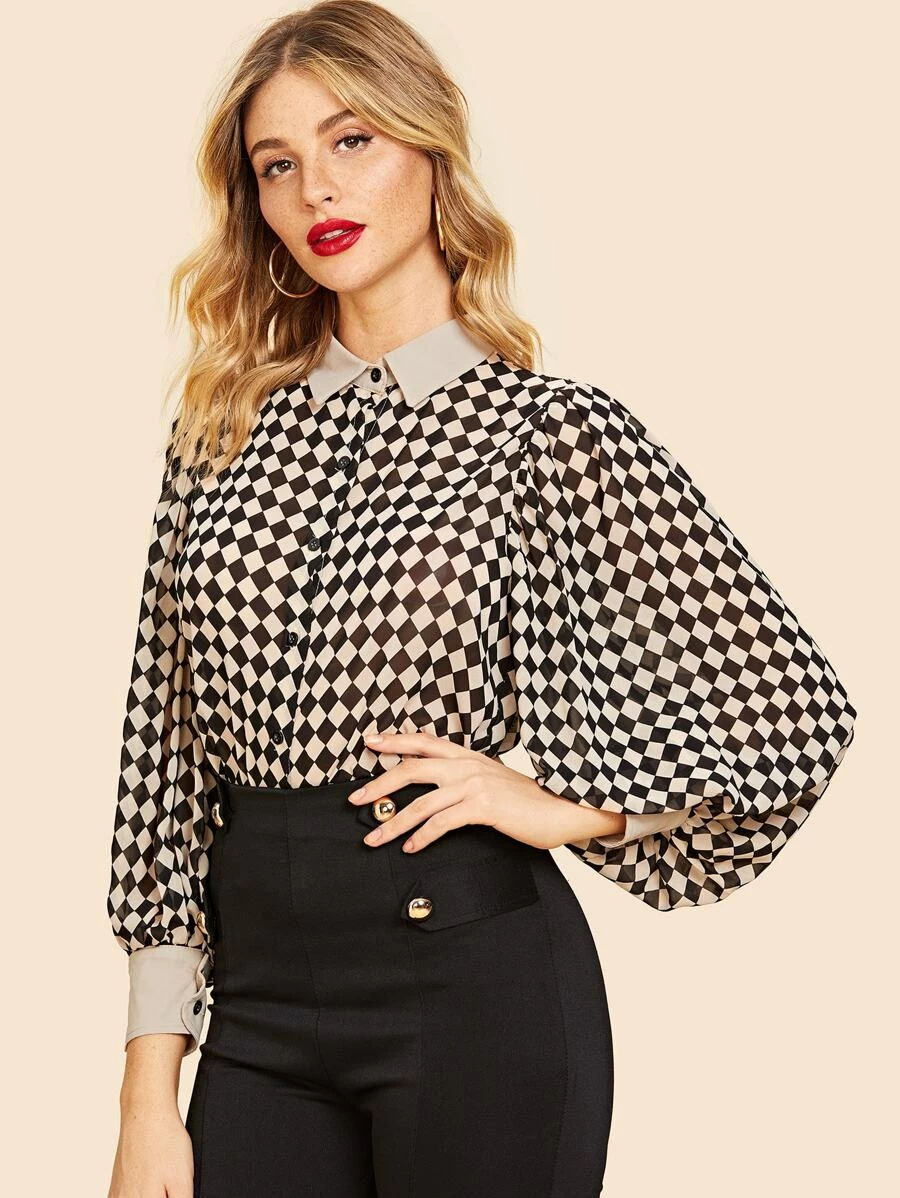 Shein 70s Bishop Sleeve Checkerboard Blouse