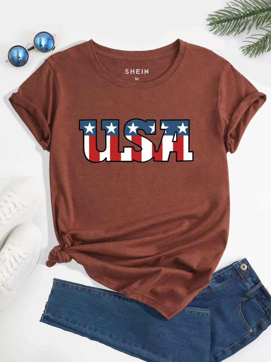 Shein American Flag And Letter Graphic Tee
