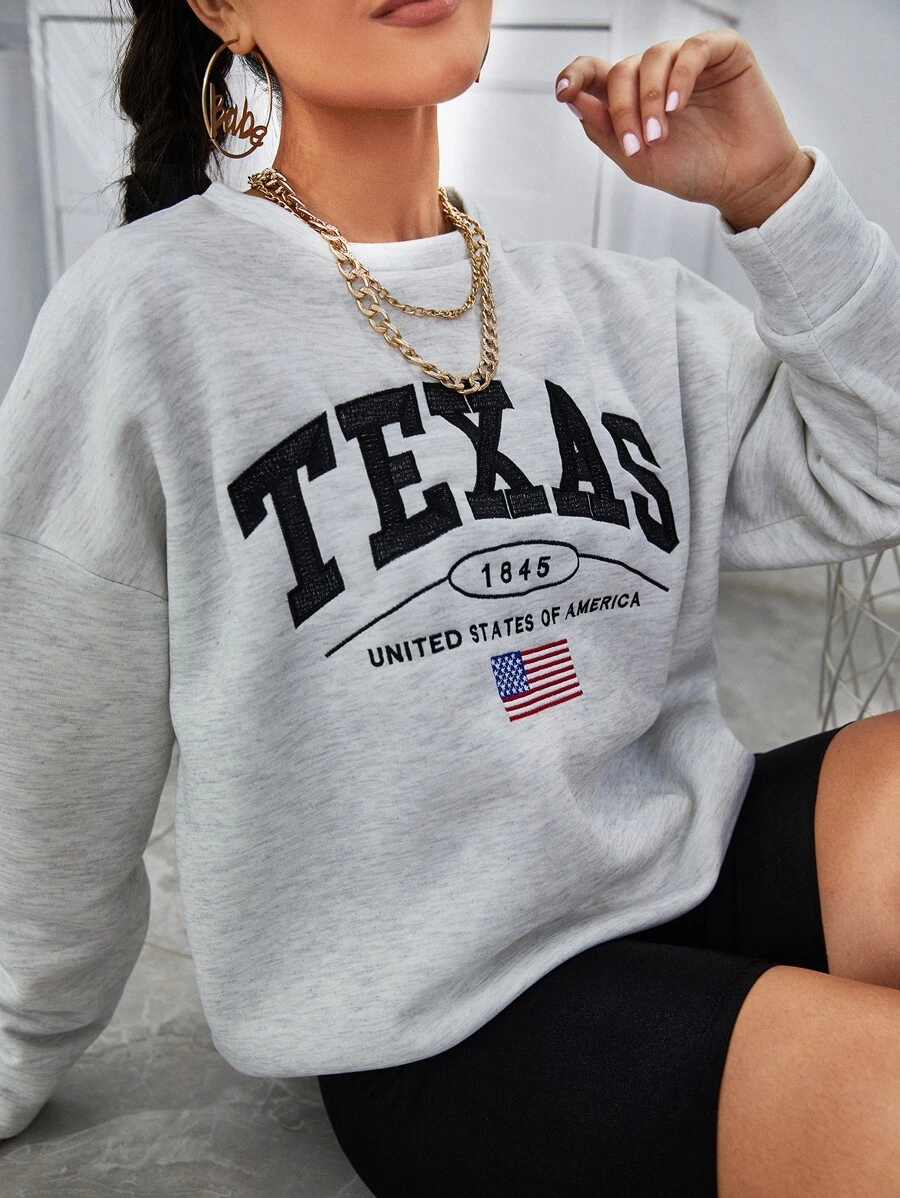 Shein American Flag & Letter Embroidery Drop Shoulder Sweatshirt