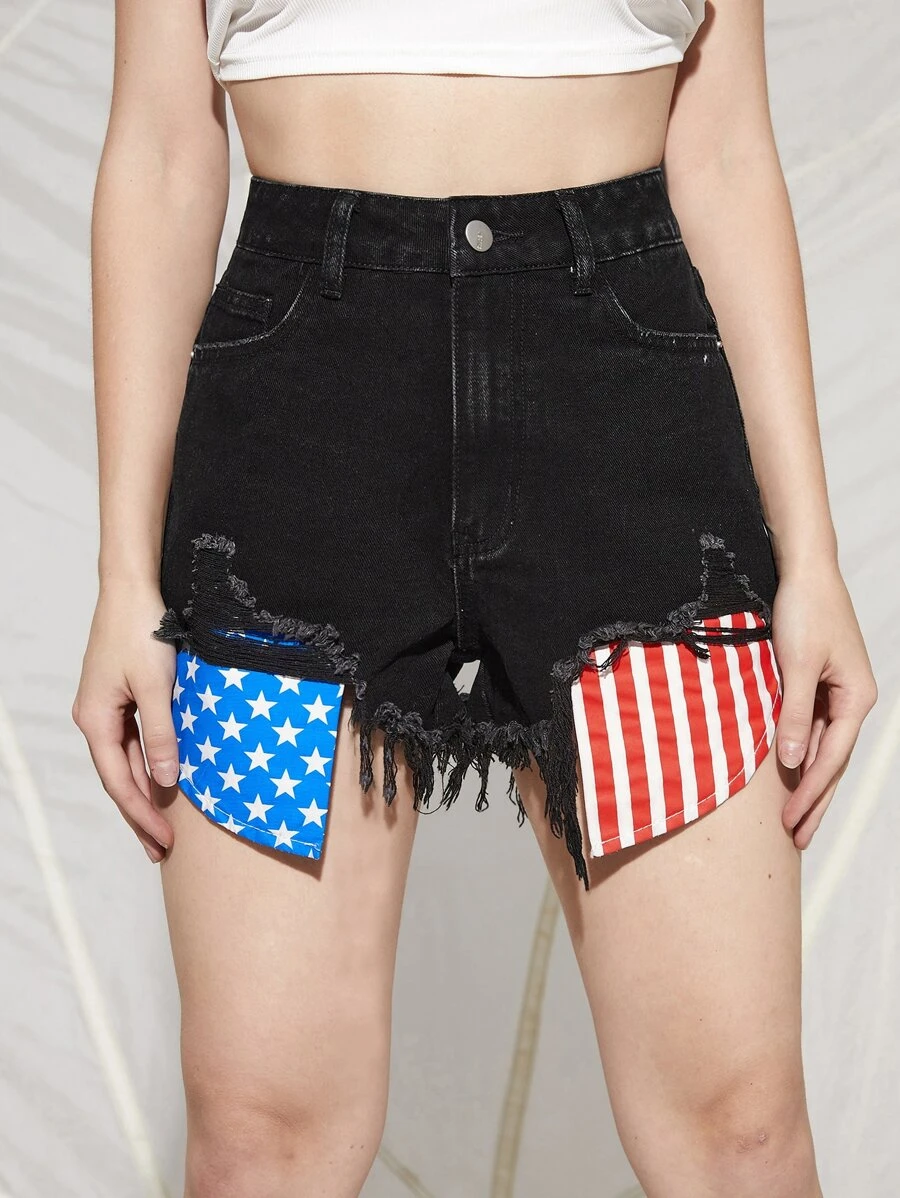 Shein Contrast Star and Striped Panel Bleach Wash Denim Shorts