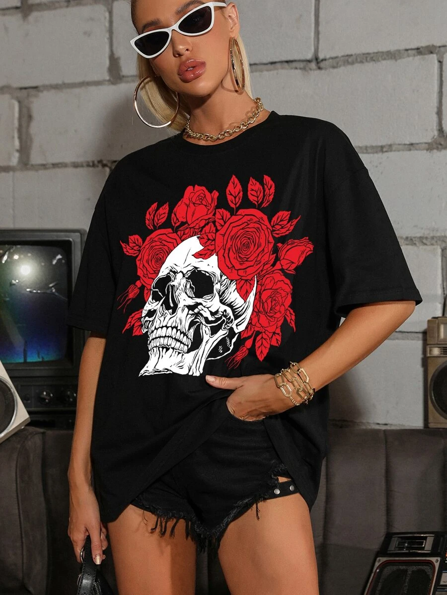 Shein Skull & Floral Print Drop Shoulder Tee