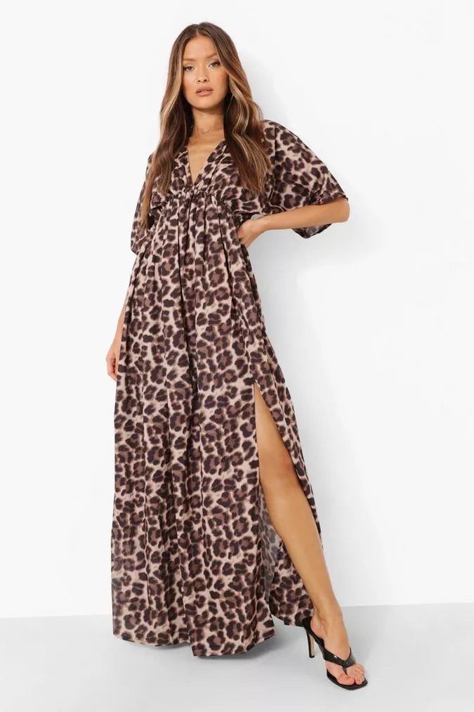 Boohoo-womens-brown-leopard-plunge-side-split-maxi-dress