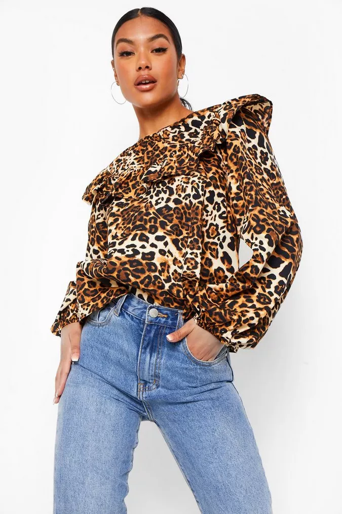 Boohoo-womens-brown-leopard-print-shirred-cuff-blouse