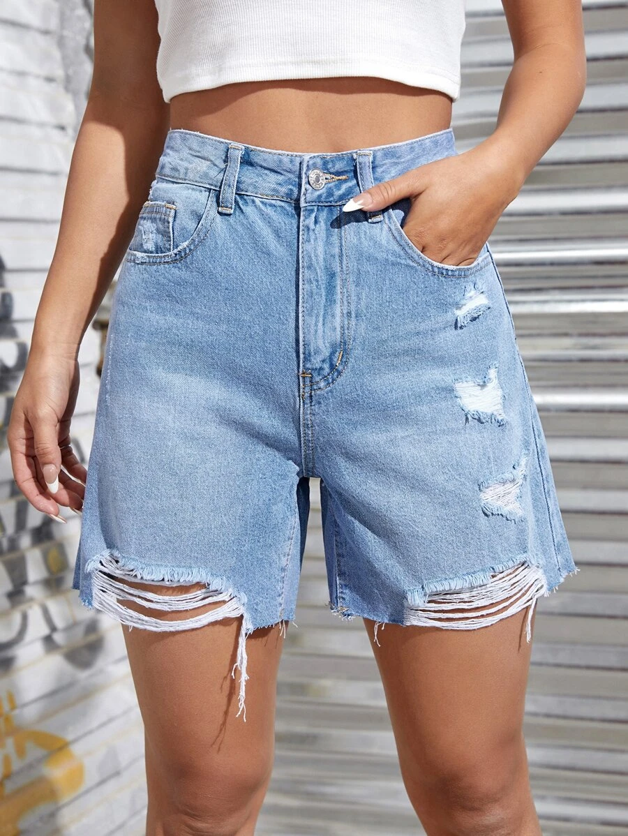 SHEIN High Waist Ripped Denim Shorts