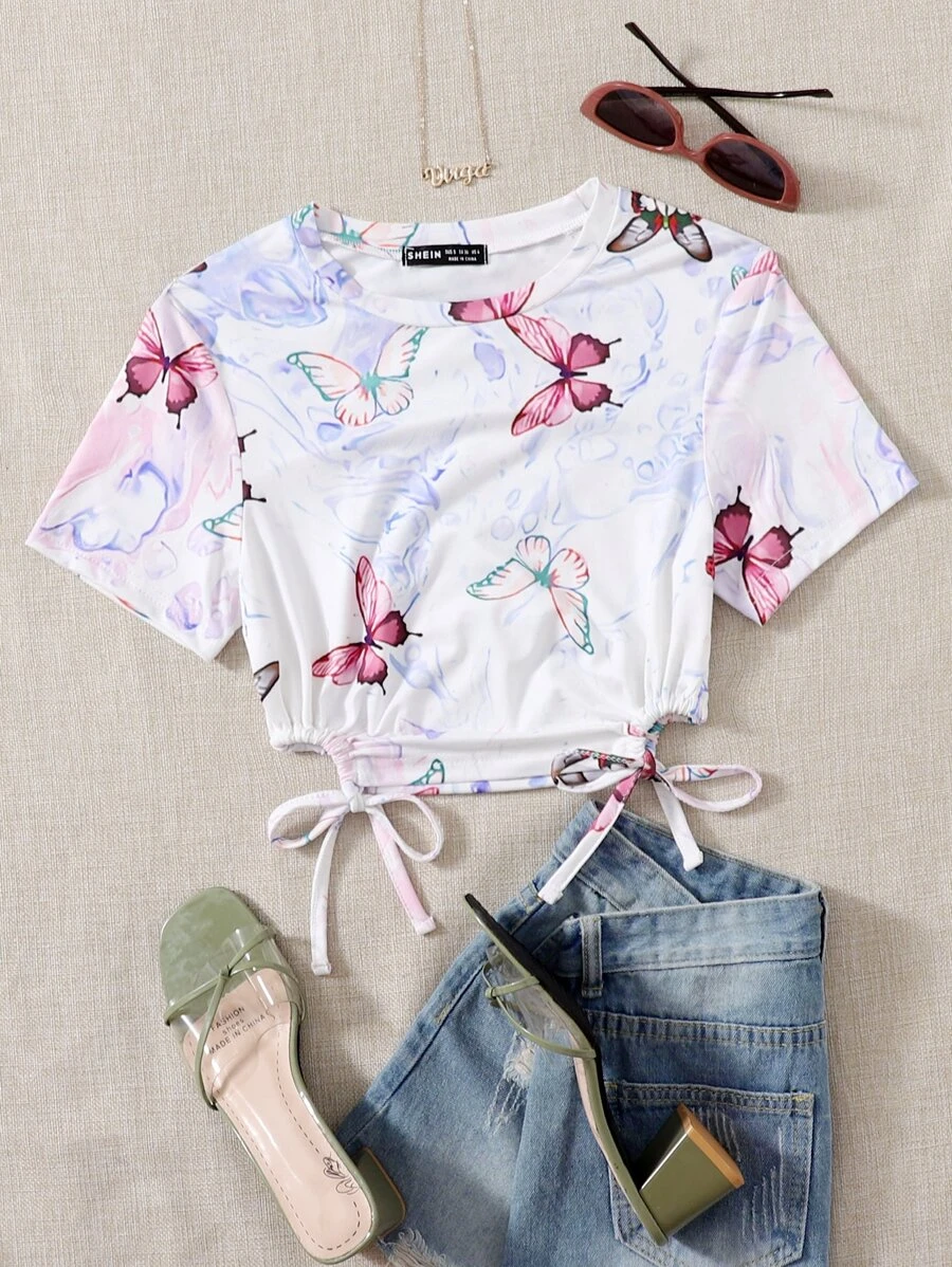 SHEIN Butterfly Print Tie Side Tee