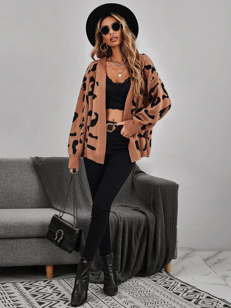 SHEIN Graphic Pattern Open Front Bishop Sleeve Cardigan