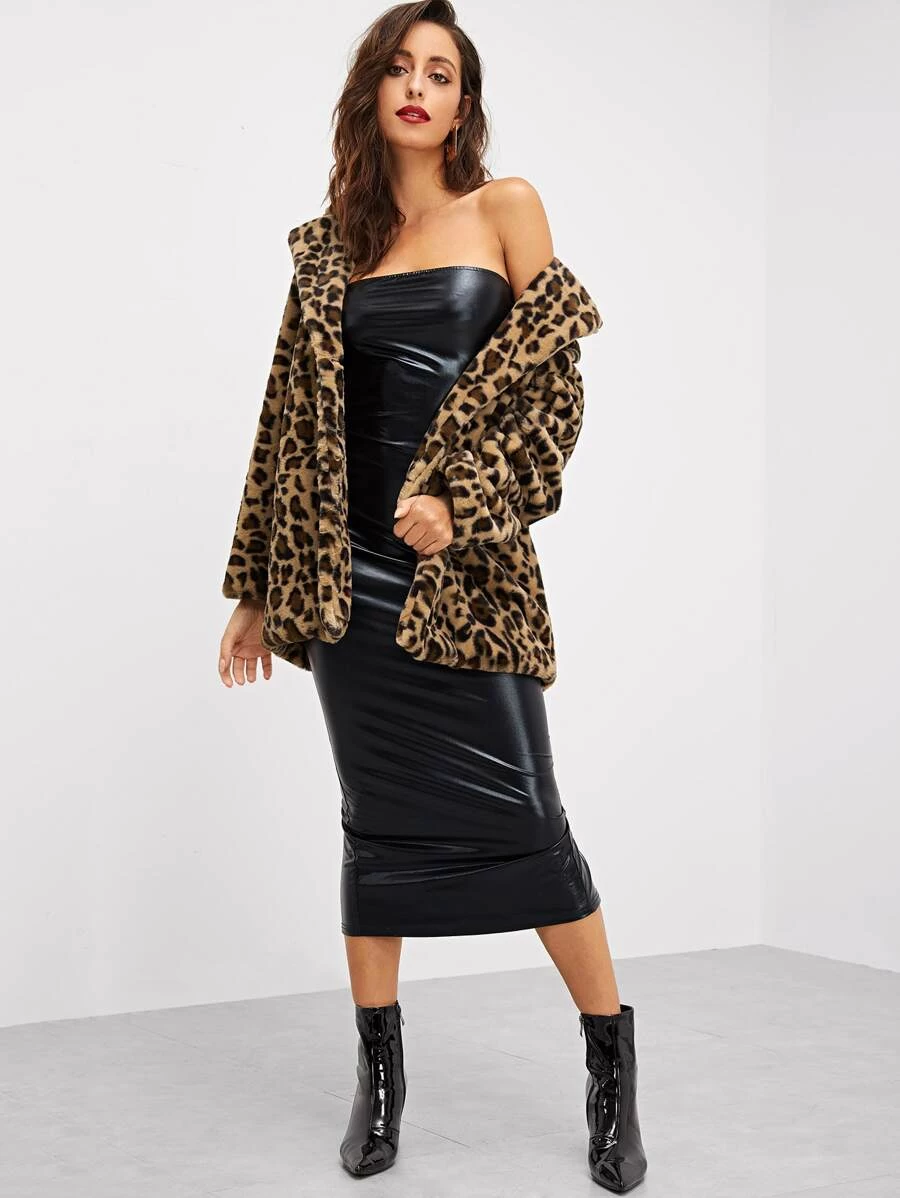 SHEIN Notch Collar Leopard Print Teddy Coat