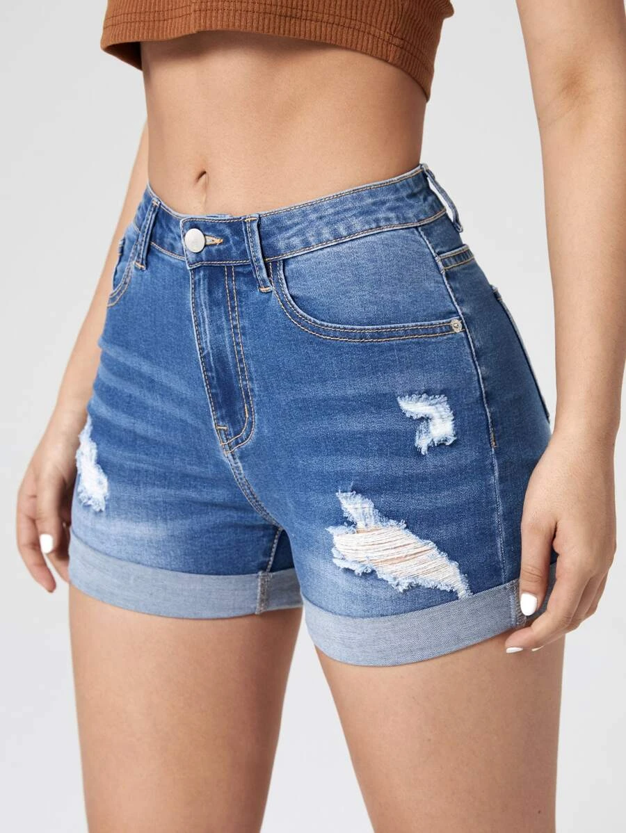 SHEIN Ripped Roll Up Hem Denim Shorts