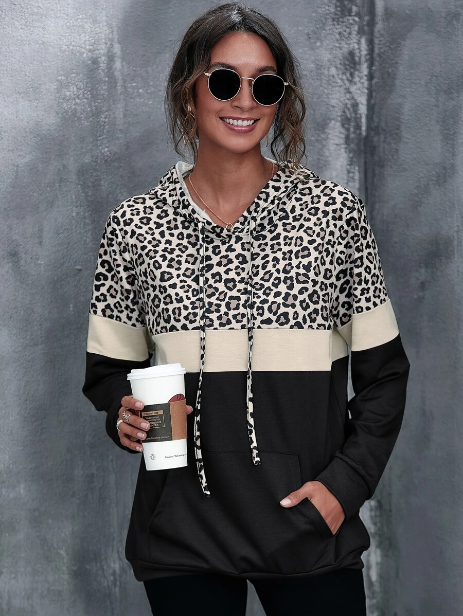 Shein Kangaroo Pocket Leopard Print Color Block Hoodie