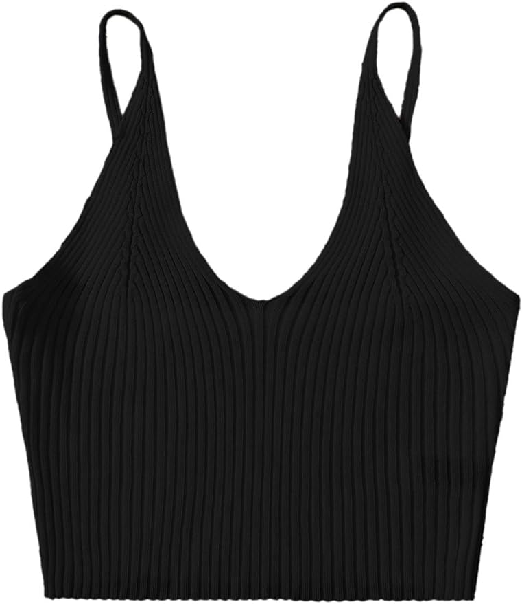 SweatyRocks Women's V Neck Crop Cami Top Ribbed Knit Spaghetti Strap Sleeveless Vest from Amazon