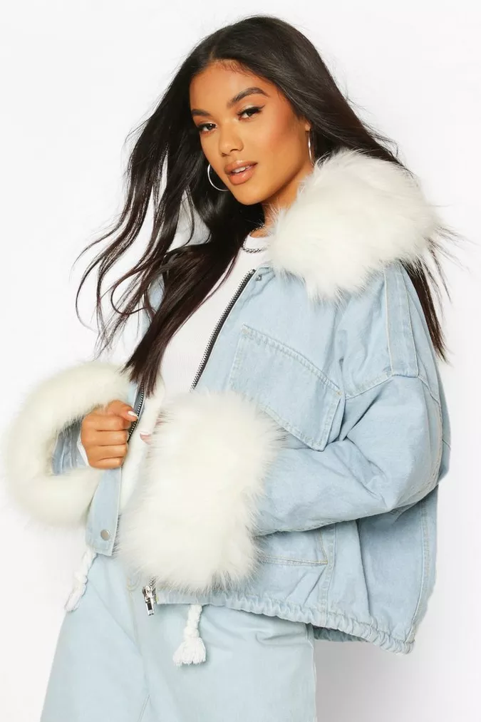 Boohoo FAUX FUR COLLAR & CUFF OVERSIZED DENIM JACKET