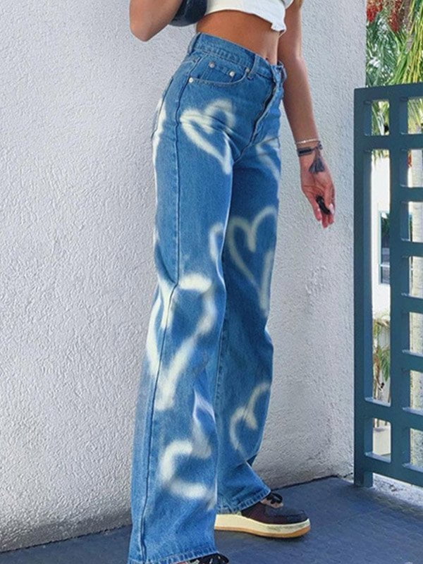 EMMIOL Heart Pattern High Waist Boyfriend Jeans