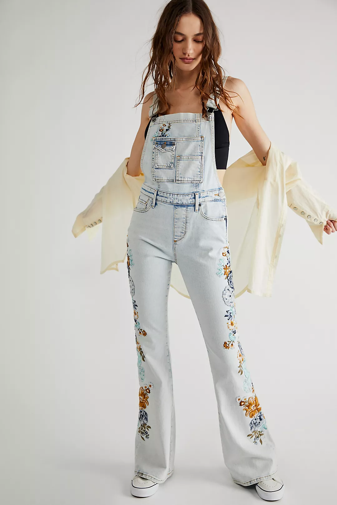 Free People x Driftwood Farrah Embroidered Denim Overalls