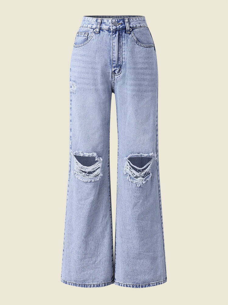 Newchic High Waist Solid Ripped Pocket Wide Leg Denim Jeans