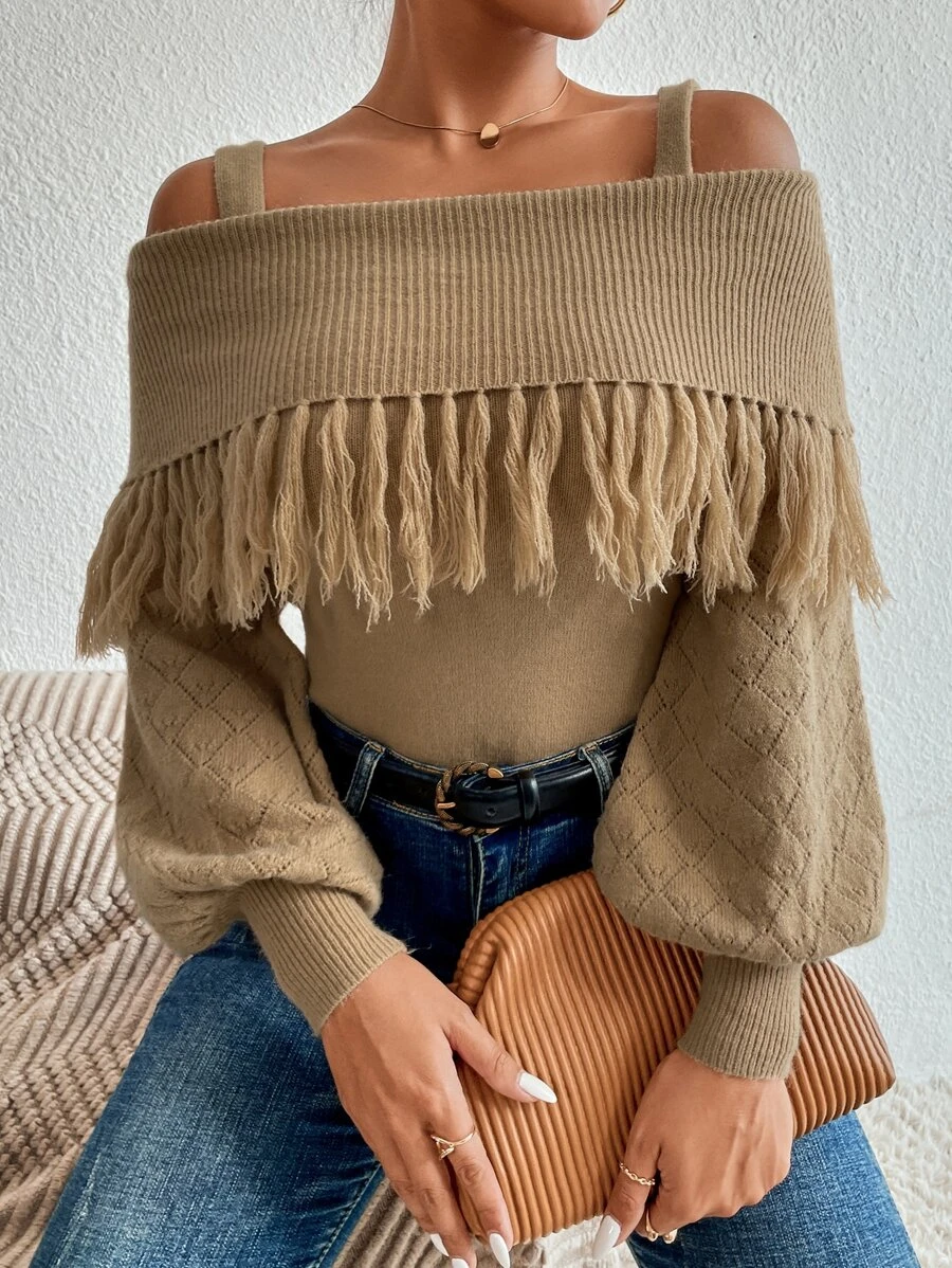 SHEIN Cold Shoulder Lantern Sleeve Fringe Trim Sweater