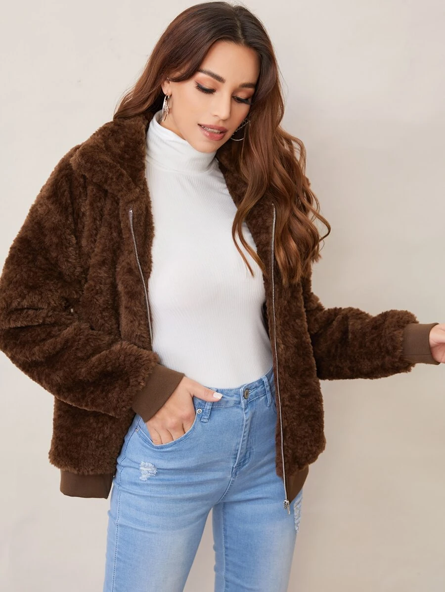 SHEIN Drop Shoulder Zip Up Fuzzy Jacket