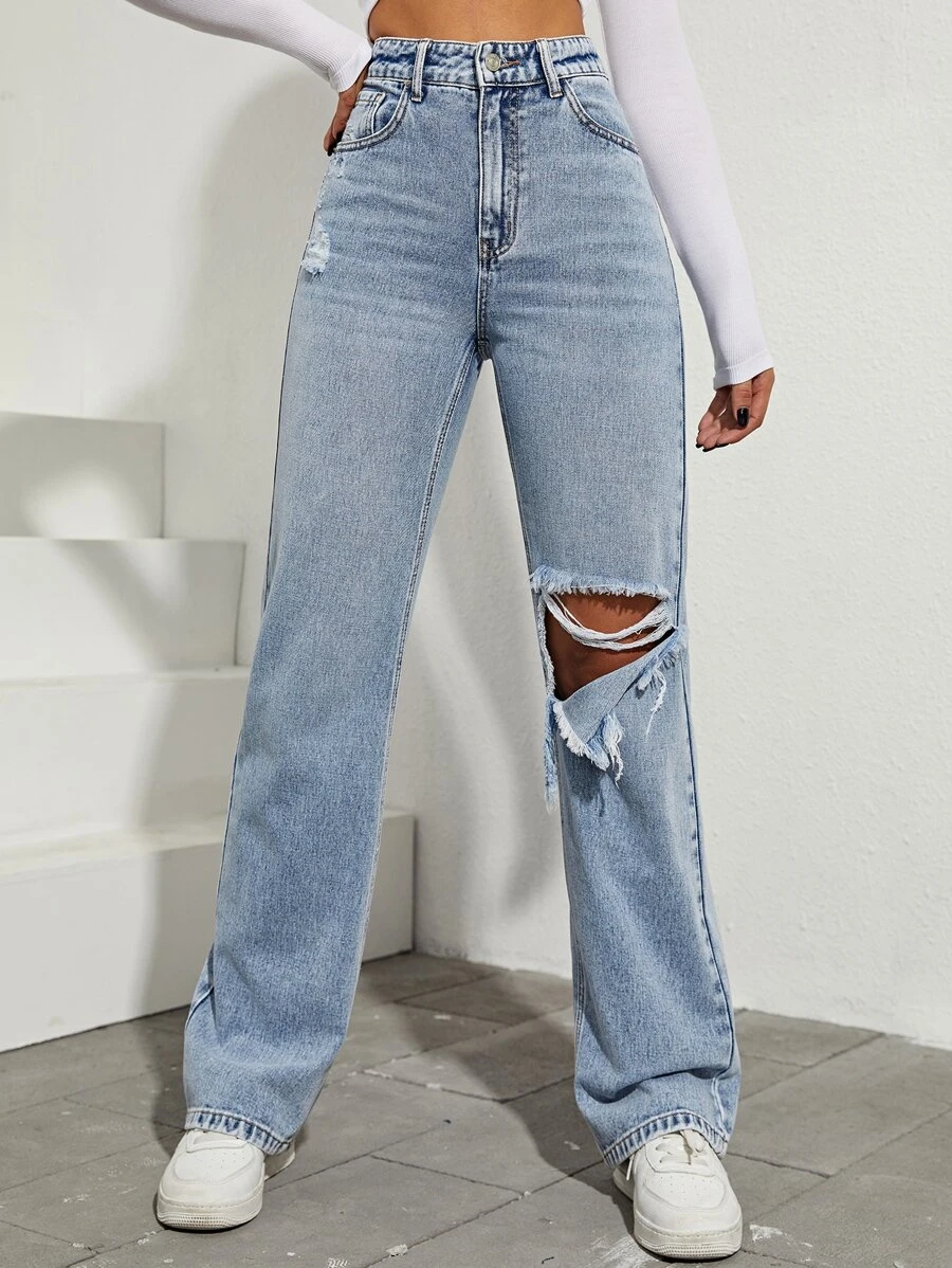 SHEIN High Waist Ripped Boyfriend Jeans