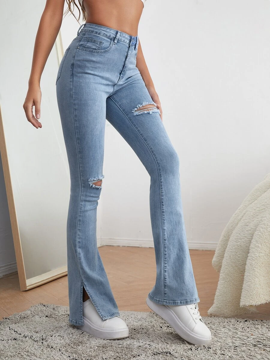 SHEIN High Waist Ripped Flare Leg Jeans