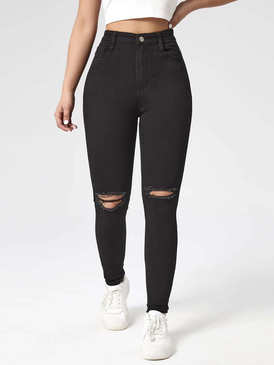 SHEIN High Waist Ripped Skinny Jeans