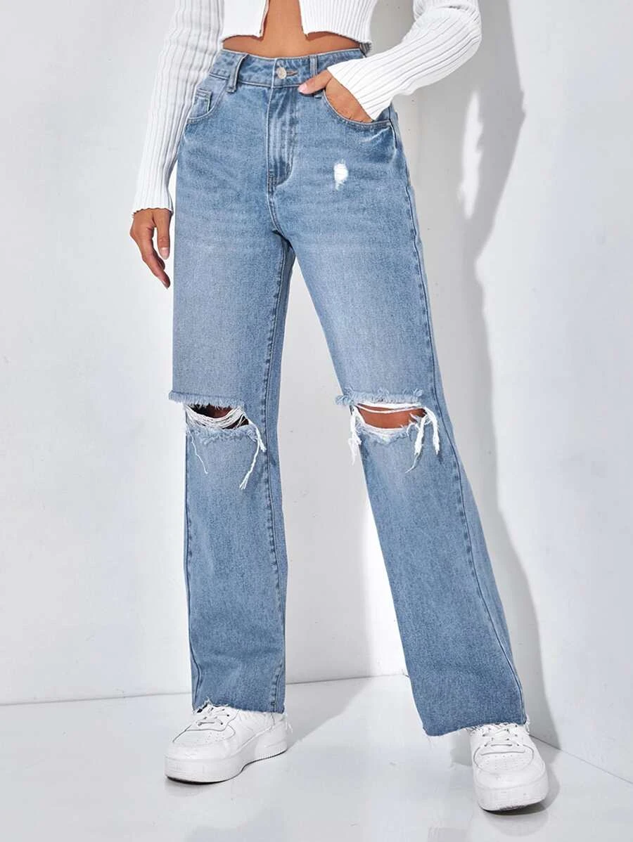 SHEIN PETITE Ripped Straight Leg Jeans