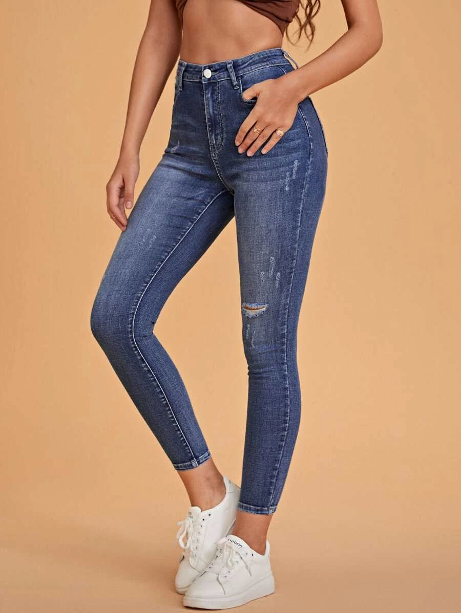 SHEIN Ripped Skinny Zipper Fly Jeans