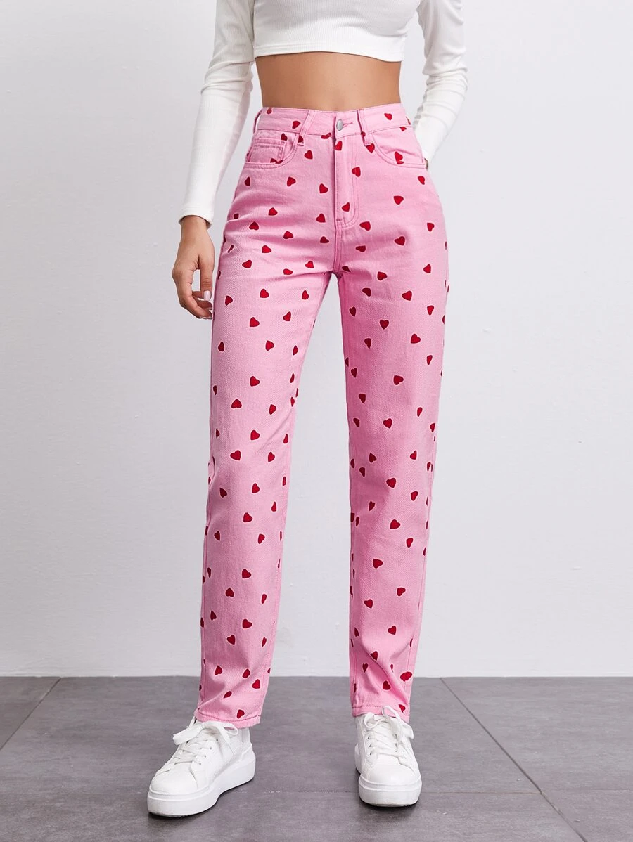 SHEWIN High Waist Heart Print Straight Jeans