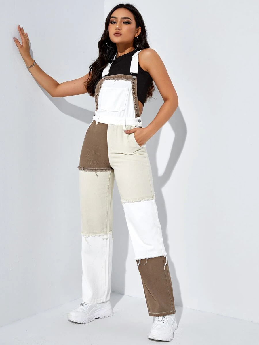 Shein Color Block Raw Trim Denim Overalls Without Tank Top