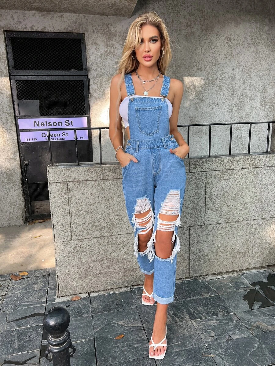 Shein Cut Out Ripped Frayed Denim Overalls Without Tube Top