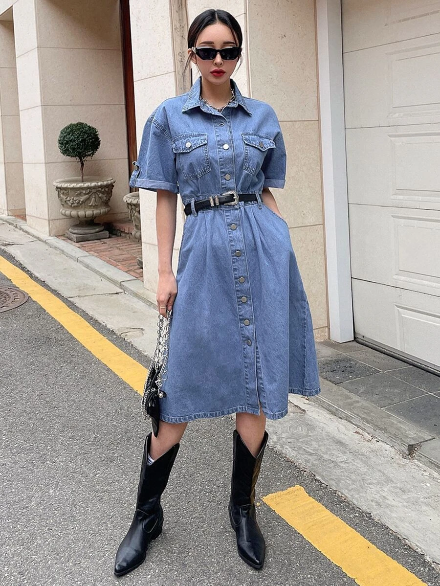 DAZY Button Up Drop Shoulder Flap Pocket Denim Dress Without Belt