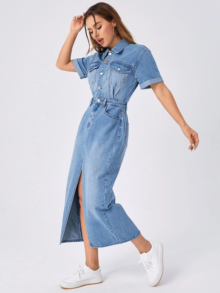 HEIN Flap Detail Split Hem Denim Dress