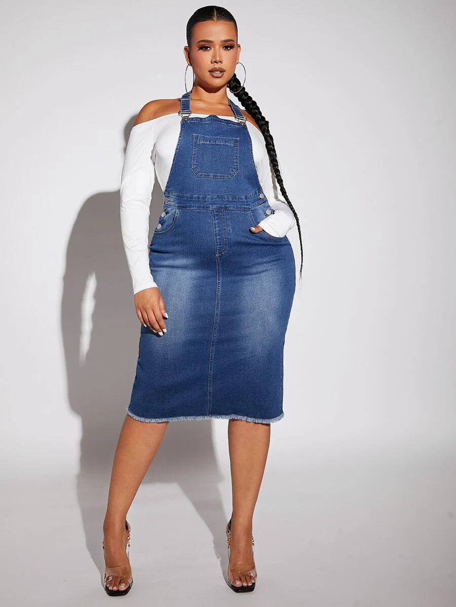 SHEIN SXY Plus Bleach Wash Raw Hem Overall Denim Dress Without Tee