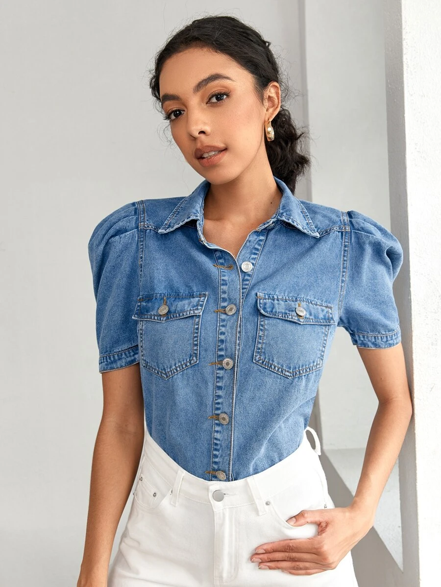 SHEIN Tall Flap Pocket Puff Sleeve Denim Blouse